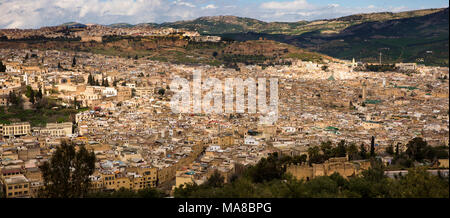 Morocco, Fes, elevated view of Fes el Bali medina from below Borj Sud, panoramic Stock Photo