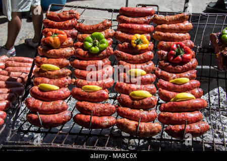 Choripan on the grill at Feria de San Telmo, Sunday Market, Buenos Aires, Argentina Stock Photo