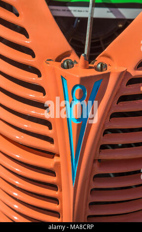 Car Show in Ft. White, Florida. 1939 bright orange Ford sedan with V8 engine Stock Photo