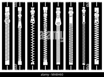 Illustration of different zippers isolated on white Stock Photo