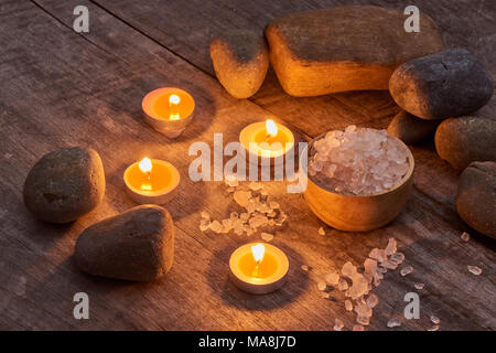 Composition of spa treatment on wooden background Stock Photo