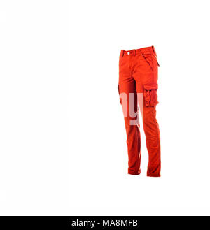 Red casual sports trousers with side pockets on the thighs of the pants, isolated on white, studio shot, copy space. Stock Photo