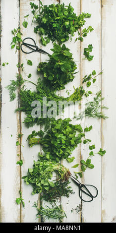 Various fresh green kitchen herbs over white wooden background