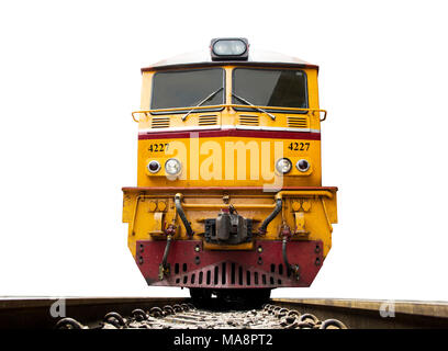 Low angle shot Front of Train led by Yellow Diesel Electric locomotives on the tracks of Thailand. isolated on white background. Stock Photo