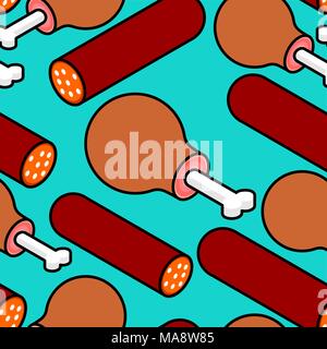 Meat background. Salami and Meat on bone seamless pattern . Piece of beef and sausage. Pork ham texture. Food isometric style Stock Vector