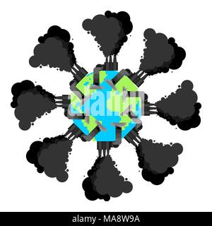 Pollution of earth. Plant and smoke. Black planet. Poisonous waste. Environmental pollution. Chemical soil contamination. Emissions and wastes Stock Vector