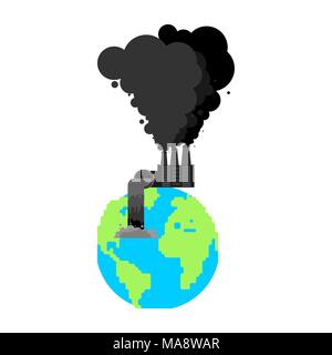 Pollution of earth. Plant and smoke. Black planet. Poisonous waste. Environmental pollution. Chemical soil contamination. Emissions and wastes Stock Vector