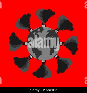 Pollution of earth. Plant and smoke. Black planet. Poisonous waste. Environmental pollution. Chemical soil contamination. Emissions and wastes Stock Vector