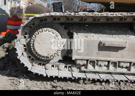 Construction equipment with a close-up of the tractor tread. Stock Photo