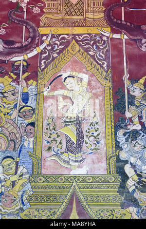 Wall murals depicting scenes from the Ramakien epic, Wat Mahathat, Phetchaburi, Thailand Stock Photo