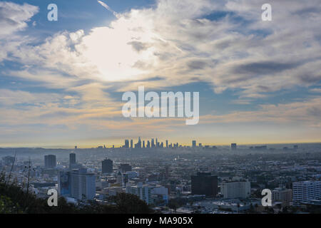 Stunning panoramic morning view of Downtown Los Angeles and Hollywood shot from Runyon Canyon, Hollywood Hills, California Stock Photo