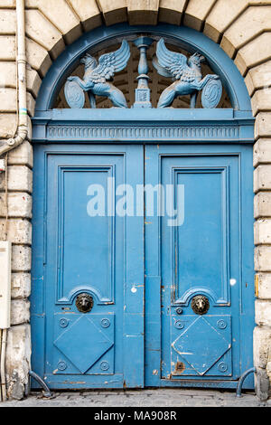 Blue old wooden door in Paris Stock Photo