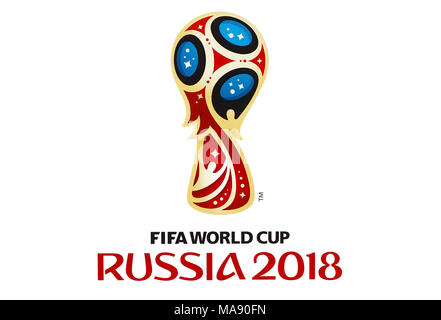 GDANSK, POLAND - MARCH 20, 2018. Football world championship in Russia, logo printed in World Cup 2018 sticker album. Editorial use only! Stock Photo