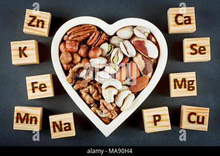 Microelements  in different types of nuts. Healthy food concept Stock Photo