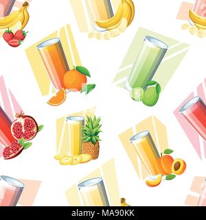 Seamless pattern of juices and smoothies. Fresh fruit drink in glass. Peach, strawberry, banana, lime, pomegranate, orange, pineapple. Vector illustra Stock Vector