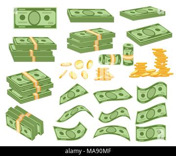 Set a various kind of money. Packing in bundles of bank notes, bills fly, gold coins. Vector illustration isolated on white background. Web site page  Stock Vector
