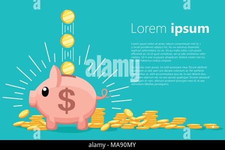 Pink coin box. Piggy bank with falling gold coins. The concept of saving or save money or open a bank deposit. Vector illustration with place for your Stock Vector