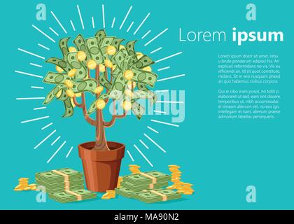 Money tree. Green cash banknotes with golden coins. Tree in a ceramic pot. Vector illustration with place for your text on turquoise background. Web s Stock Vector