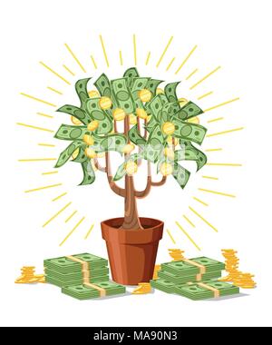 Money tree. Green cash banknotes with golden coins. Tree in a ceramic pot. Vector illustration isolated on white background. Web site page and mobile  Stock Vector