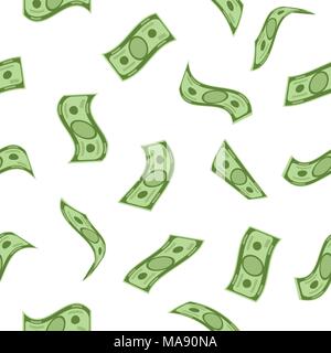 Seamless pattern. Money rain pattern. Falling dollar banknotes on white background. Illustration for credit, savings, success, charitable concepts. Stock Vector