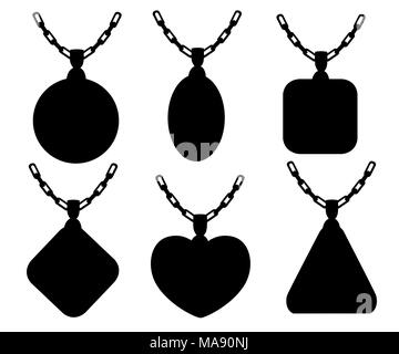 Black silhouette. Set of golden jewelry. Necklaces collections with square, circle, heart, and triangle diamond pendants. Chain cartoon design. Vector Stock Vector
