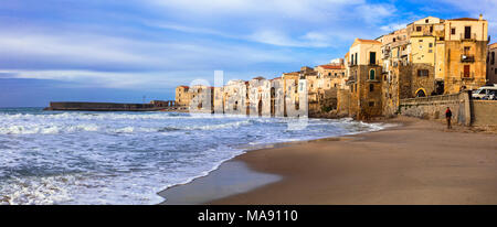 Beautiful Cefalu villageover sunset,Panoramic view,Sicily,Italy. Stock Photo