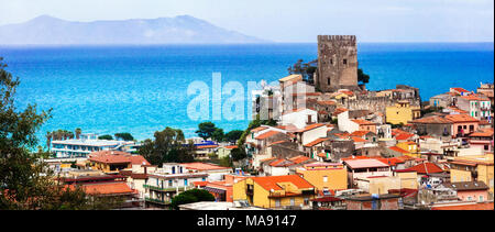 Traditional colorful Brolo village,view with castle and houses,Sicily,Italy. Stock Photo