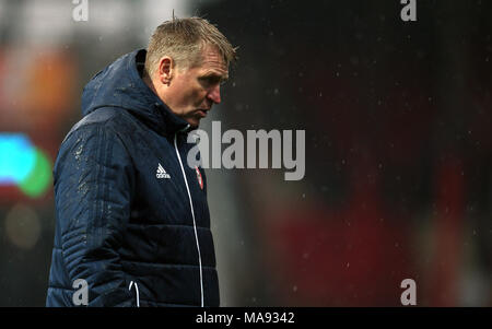 Brentford manager Dean Smith during the Sky Bet Championship match at Griffin Park, London. Stock Photo