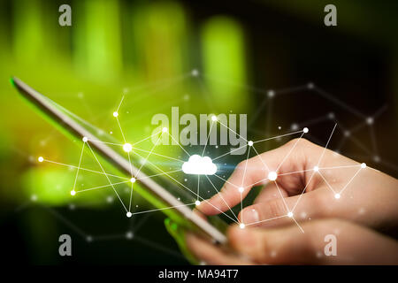 Female hands touching tablet with white cloud concept Stock Photo