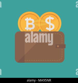Flat modern design concept of cryptocurrency technology, bitcoin exchange, bitcoin mining, mobile banking Stock Vector