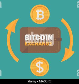 Dollar to bitcoin currency exchange. Bitcoin exchange with bitcoin coin symbol and sign of other currencies. Cryptocurrency technology. Vector illustr Stock Vector