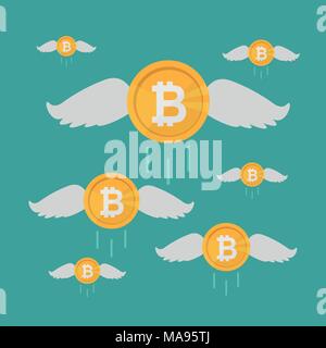 Bitcoin Coin Flies with Wings, Crypto Currency Growing concept. Business concept, flat cartoon vector Illustration. Stock Vector