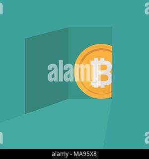 A bitcoin symbol coming out of door crypto currency concept - flat design Stock Vector