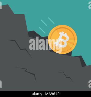 Bitcoin Falls Down the rock. Cartoon flat Style Vector Illustration. Crypto Currency concept. Business concept Stock Vector