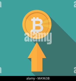 flat icon design of uptrend line arrow up to bitcoin sign on blue color background Stock Vector
