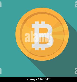 Bitcoin circle icon with long shadow. Flat design style. Crypto currency simple silhouette. Modern, minimalist, round icon in stylish colors. Web site Stock Vector