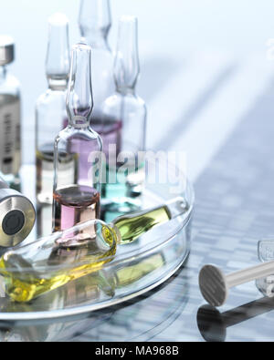 Personalised medicine, conceptual image. Variety of drugs sitting on a DNA (deoxyribonucleic acid) autoradiogram. Stock Photo