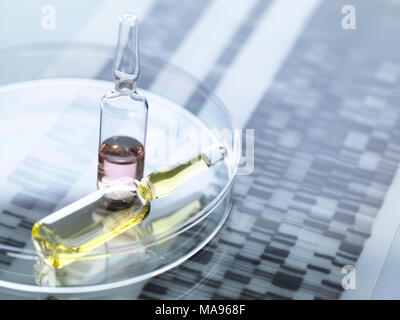 Personalised medicine, conceptual image. Variety of drugs sitting on a DNA (deoxyribonucleic acid) autoradiogram. Stock Photo