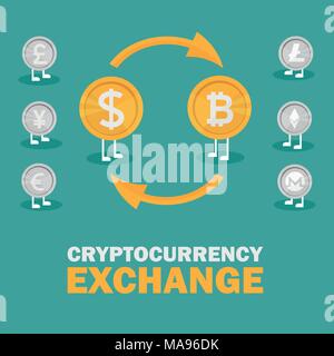 Dollar to bitcoin currency exchange. Bitcoin exchange with bitcoin coin symbol and sign of other currencies. Cryptocurrency technology. Vector illustr Stock Vector