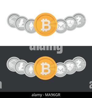 Cryptocurrency logo coin set - bitcoin on black and white background Stock Vector