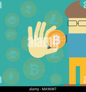 Man hold bitcoin coin money. Vector flat cartoon character - icon design Stock Vector