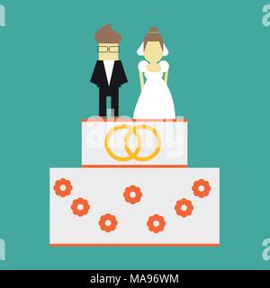Wedding cake with rings and toppers bride and groom vector greeting card Stock Vector