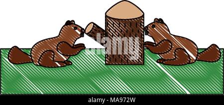 pair beavers cutting wood forest wild Stock Vector