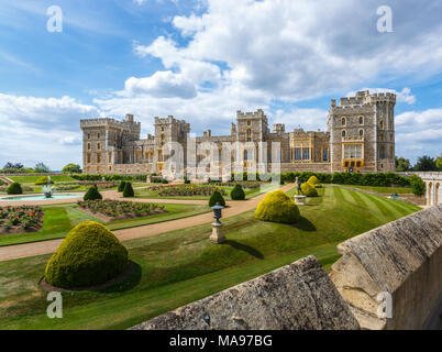 Windsor Castle Upper Ward and East Front, England, including gardens, Prince of Wales's Tower and Brunswick Tower Stock Photo