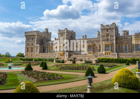 Windsor Castle East Front and Upper Ward, Windsor, England, including gardens and Brunswick Tower on a sunny summer day Stock Photo