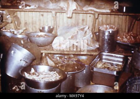 Photograph of a storage area in the kitchen of a migrant labor work camp, with shelves full of pots, cooking utensils and food, 1975. Image courtesy CDC. () Stock Photo