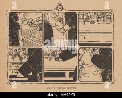 Six-panel cartoon from the Russian satirical journal Maski (Masks) depicting a ring being bought, and then given as a gift with text reading 'Story of a single ring', 1906. () Stock Photo