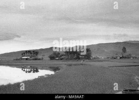 Black and white photograph showing a country landscape, with a lake and rice paddies in the foreground, houses and trees at midground, and a hill in the background, photographed in Vietnam during the Vietnam War (1955-1975), 1968. () Stock Photo