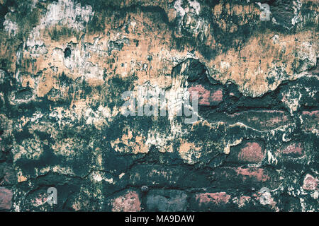 Old Brick Wall with Moss texture background. Old, decayed wall with peeling plaster. Stock Photo