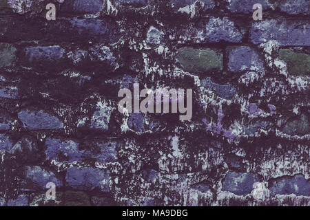Grunge wall of the old house. Old wall textured background. Dilapidated wall covered with mold and moss in an abandoned house. Blue bricks in the wall Stock Photo